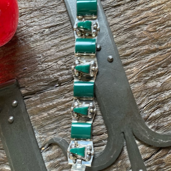 VINTAGE MEXICO JADE GLASS STERLING SILVER BRACELET - Picture 5 of 12